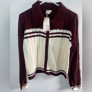 Women's Burgundy and Cream Cable Knit Sweater